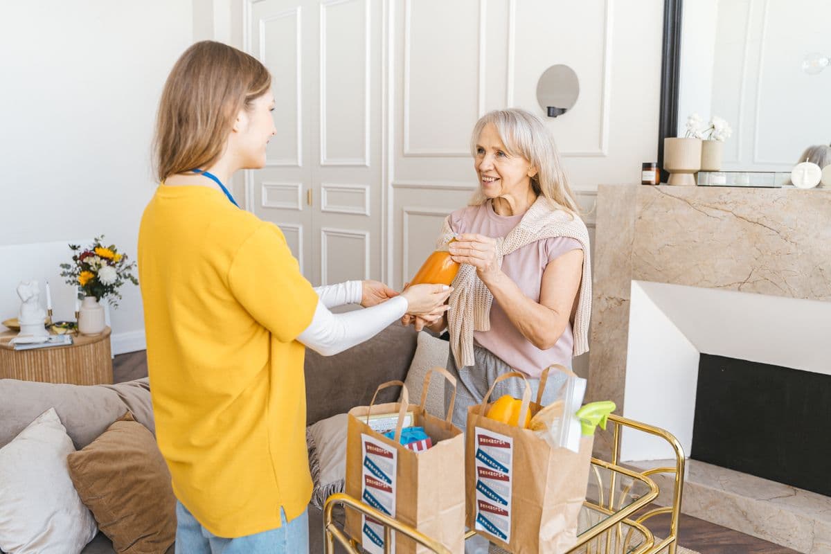 Pflegekraft übergibt einer Seniorin Einkäufe im Wohnzimmer